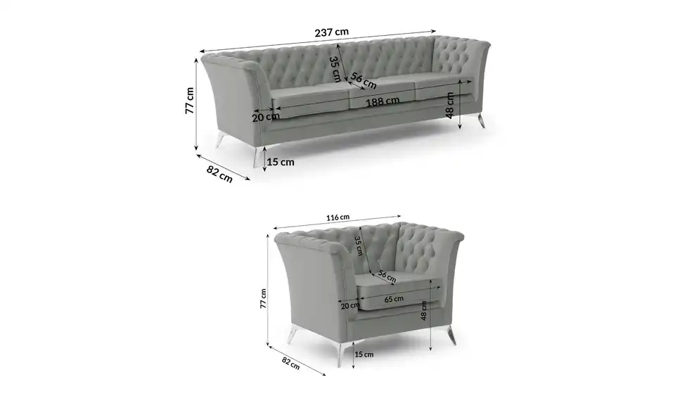 Polstergarnitur 3+1, Bemaßung