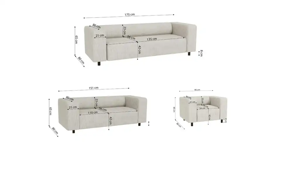 S-STYLE Polstergarnitur 3+2+1 Oskar, Bemaßung