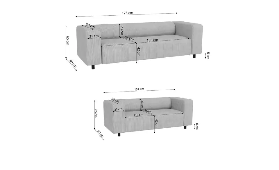 S-STYLE Polstergarnitur 3+2 Oskar, Bemaßung