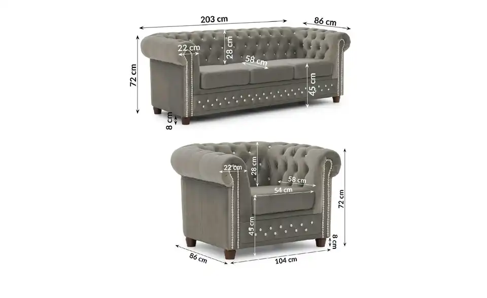 S-STYLE Polestergarnitur 3+1, Bemaßung
