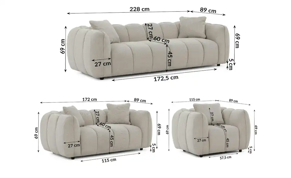 S-STYLE Polstergarnitur 3+2+1, Bemaßung