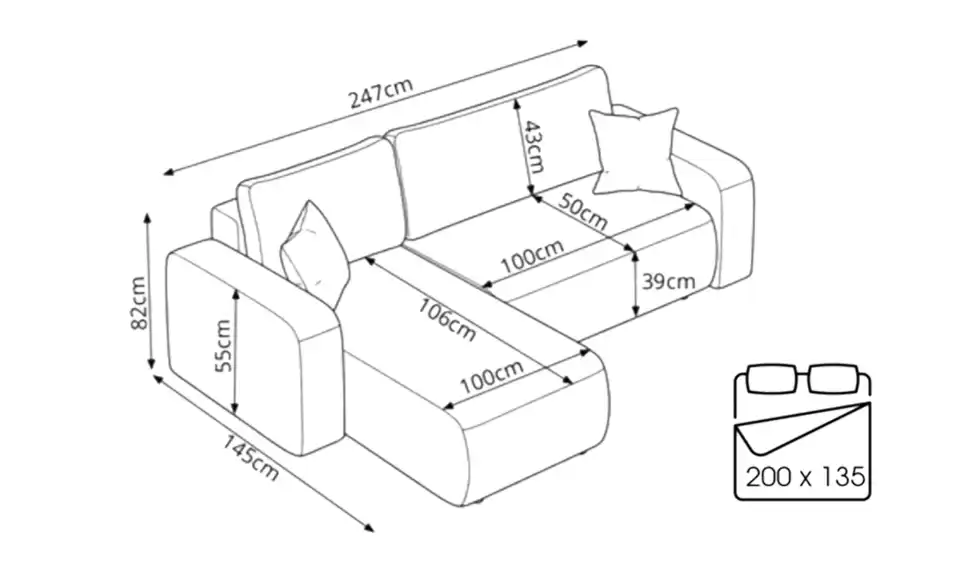 Ecksofa Piano, Bemaßung