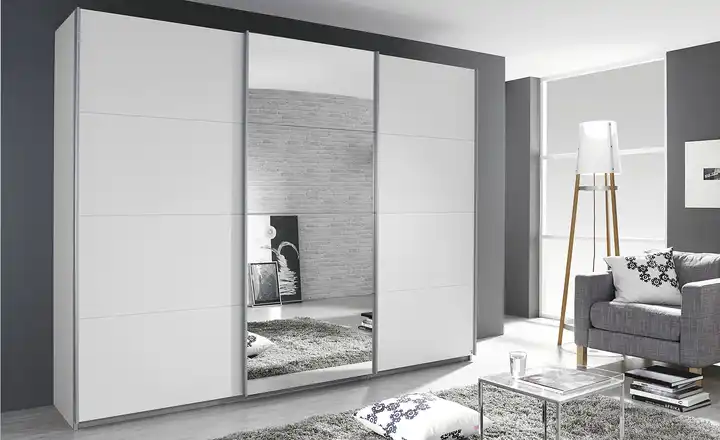 Weißer Schwebetürenschrank mit Spiegel