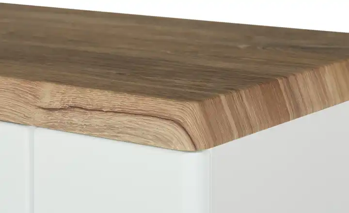 Detailaufnahme: Deckplatte in Holzoptik, weiße Hochglanzfront