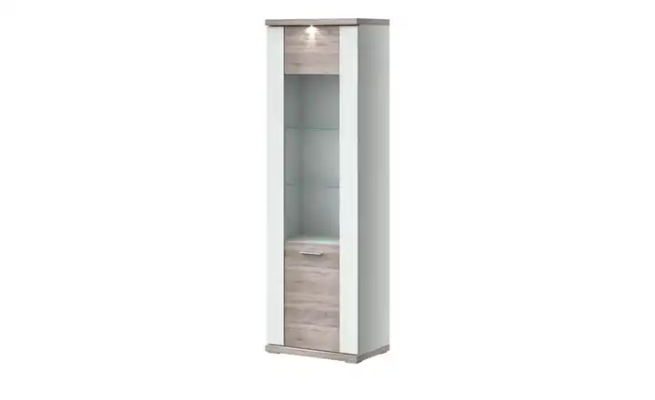 Vitrine Toulon Weiß, Eiche sägerau (Nachbildung) rechts Spotbeleuchtung