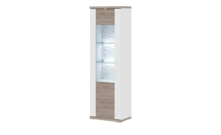 Vitrine Toulon Weiß, Eiche sägerau (Nachbildung) links Spot- und Glaskantenbeleuchtung