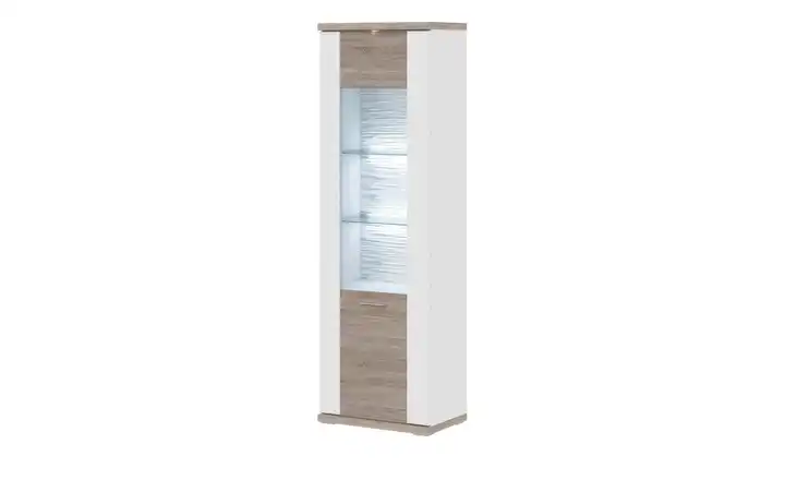 Vitrine Toulon Weiß, Eiche sägerau (Nachbildung) rechts Spot- und Glaskantenbeleuchtung