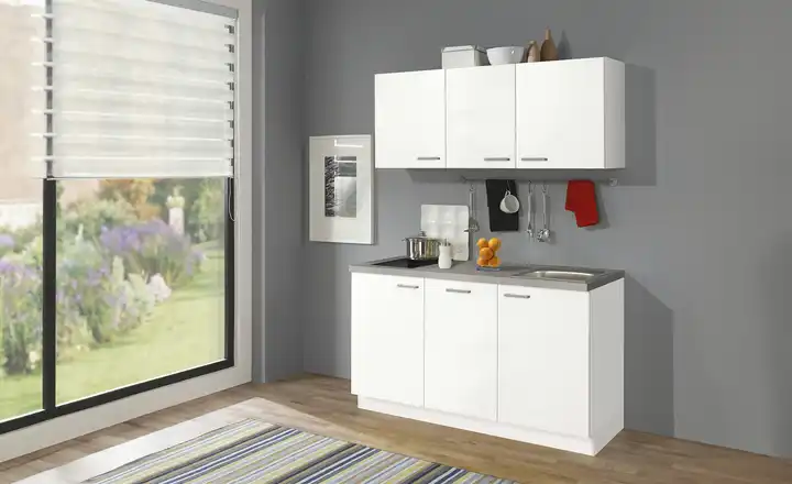 Küchenzeile mit Elektrogeräten Hoom Ausführung links Weiß, Betonoptik