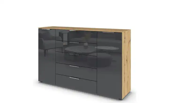 Sideboard Flipp Basaltgrau, Eiche Artisan (Nachbildung) Front: Glas, Oberboden: Dekor 160 cm verchromt