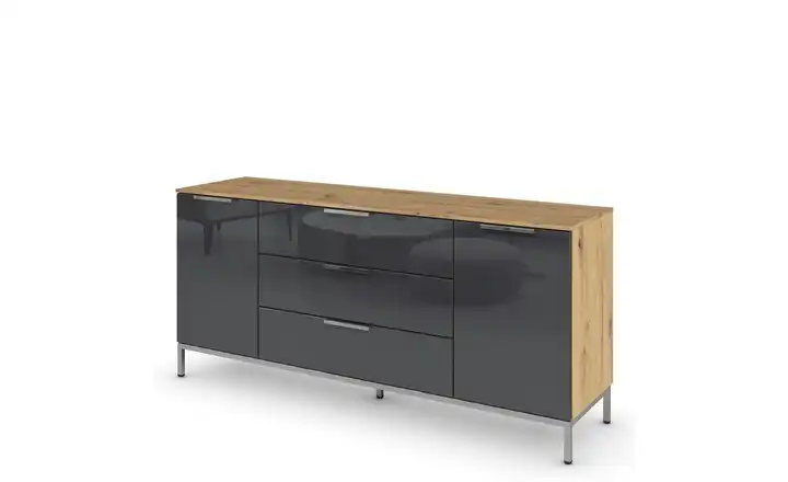 Sideboard Flipp Basaltgrau, Eiche Artisan (Nachbildung) Front: Glas, Oberboden: Dekor verchromt