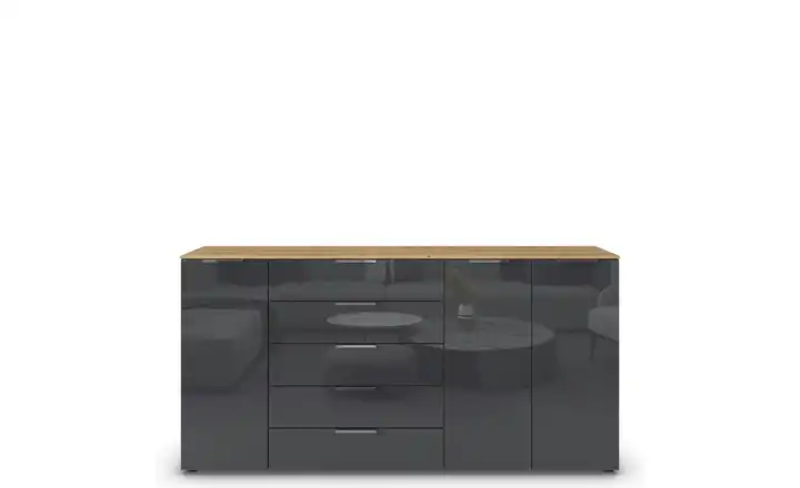 Sideboard Flipp Basaltgrau, Eiche Artisan (Nachbildung) Front: Glas, Oberboden: Dekor verchromt