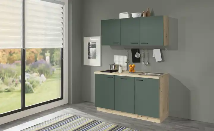 Küchenzeile mit Elektrogeräten Hoom Ausführung links Grün, Eiche (Nachbildung)