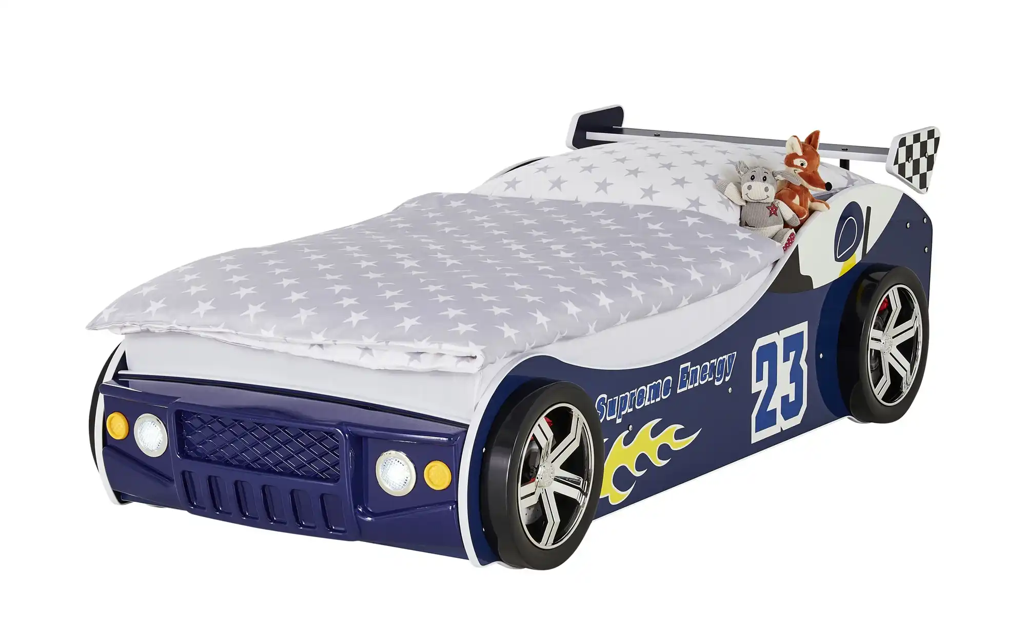 Autobett im Rennwagendesign mit Rädern, Felgen, Spoiler und LED-Scheinwerfern