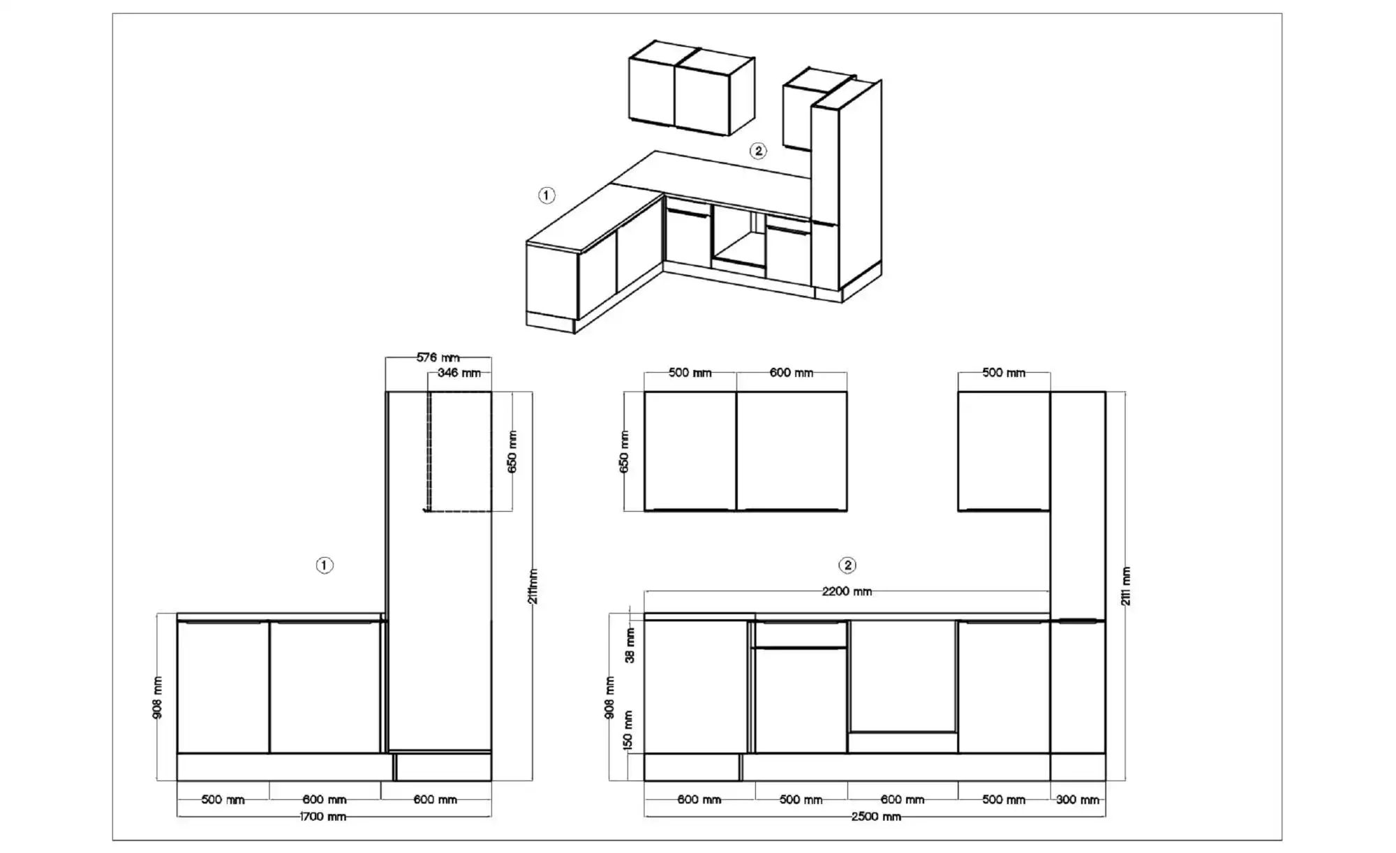 Küchenzeile ¦ weiß ¦ Maße (cm): B: 250 H: 211  -