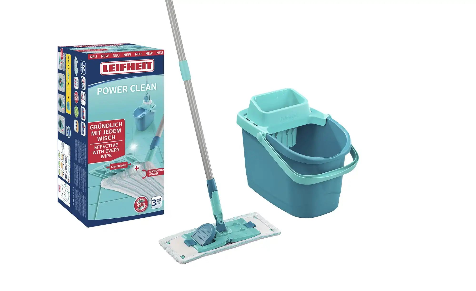Leifheit Bodenwischer Set Power CLEAN, Wischmopp mit Presssystem | CleanBlade-Technologie, micro duo Mikrofaserbezug, 33 cm Wischbreite, 6-10 l Eimer, 360°-Drehgelenk, Click-System, türkis - Bild 4