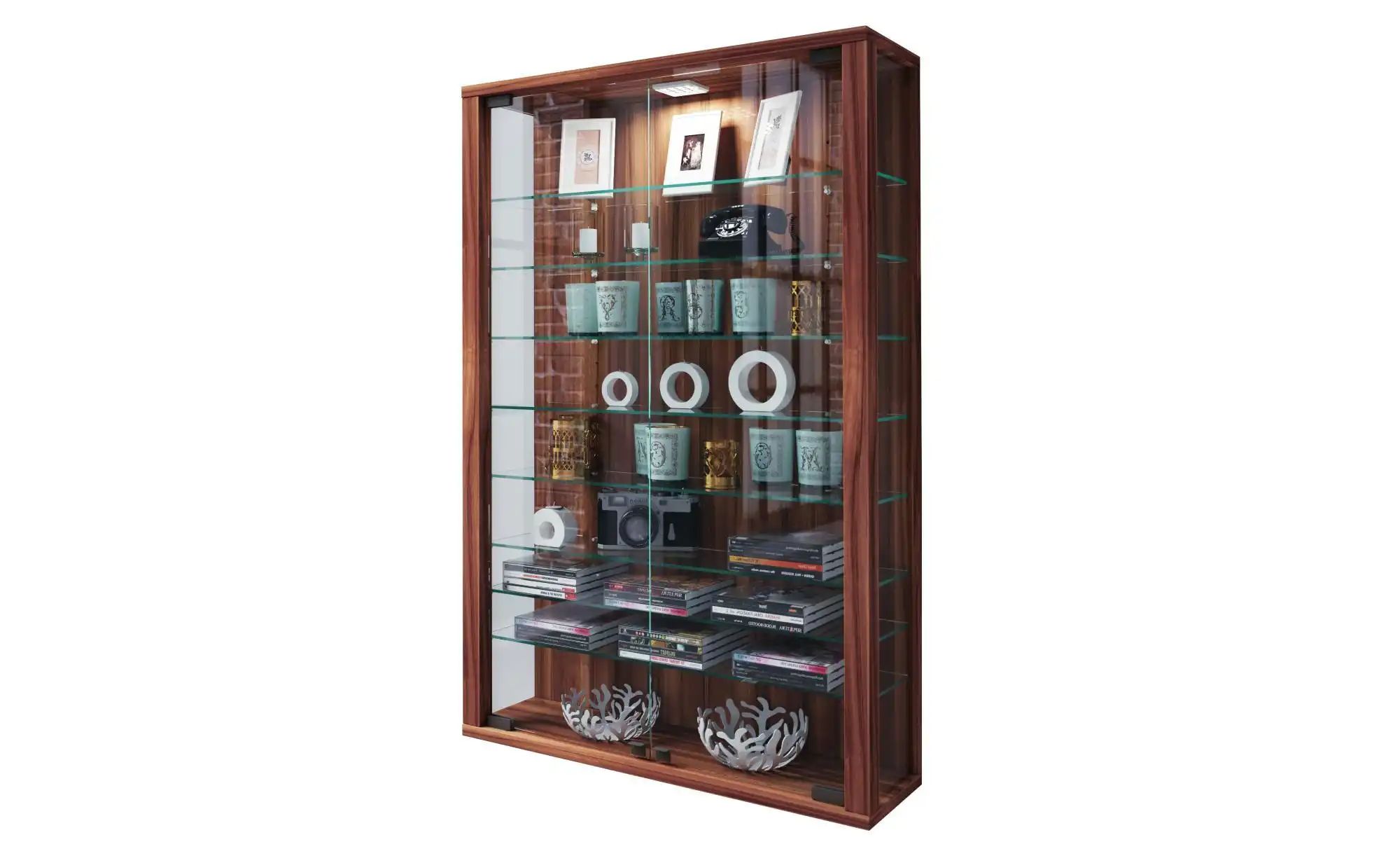 Wandvitrine Vitrosa Mini - LED-Beleuchtung - 8 Einlegeböden - Glas & Holz - B 590 x T 180 x H 910 mm - Nussbaum-Dekor - Image 7