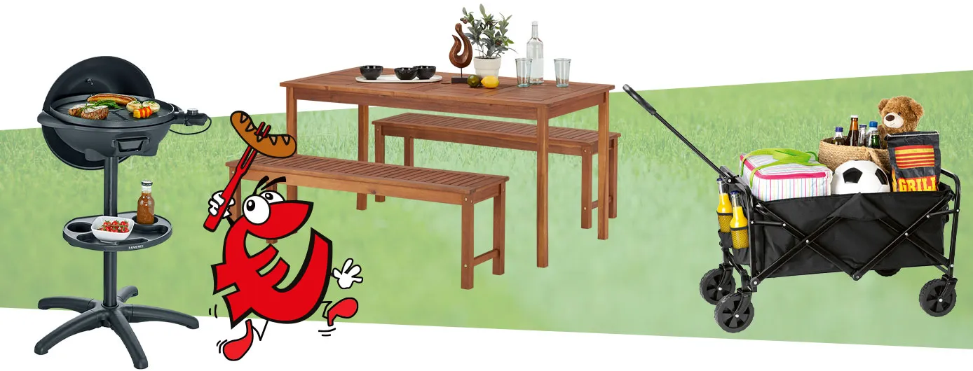 Collage von Produkten, Hintergrund Fußballrasen. Standgrill, Gartenset aus Holz mit Tisch und 2 Sitzbänken, schwarzer Bollerwagen befüllt mit Kühltasche, Grillkohle, Getränken und Fußball
