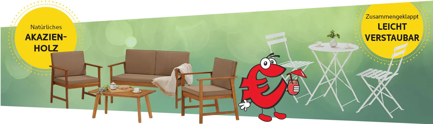 Garten-Lounge-Set aus natürlichen Akazienholz, Sconti mit Cocktail in der Hand, weißes Balkon-Set zusammengeklappt leicht verstaubar