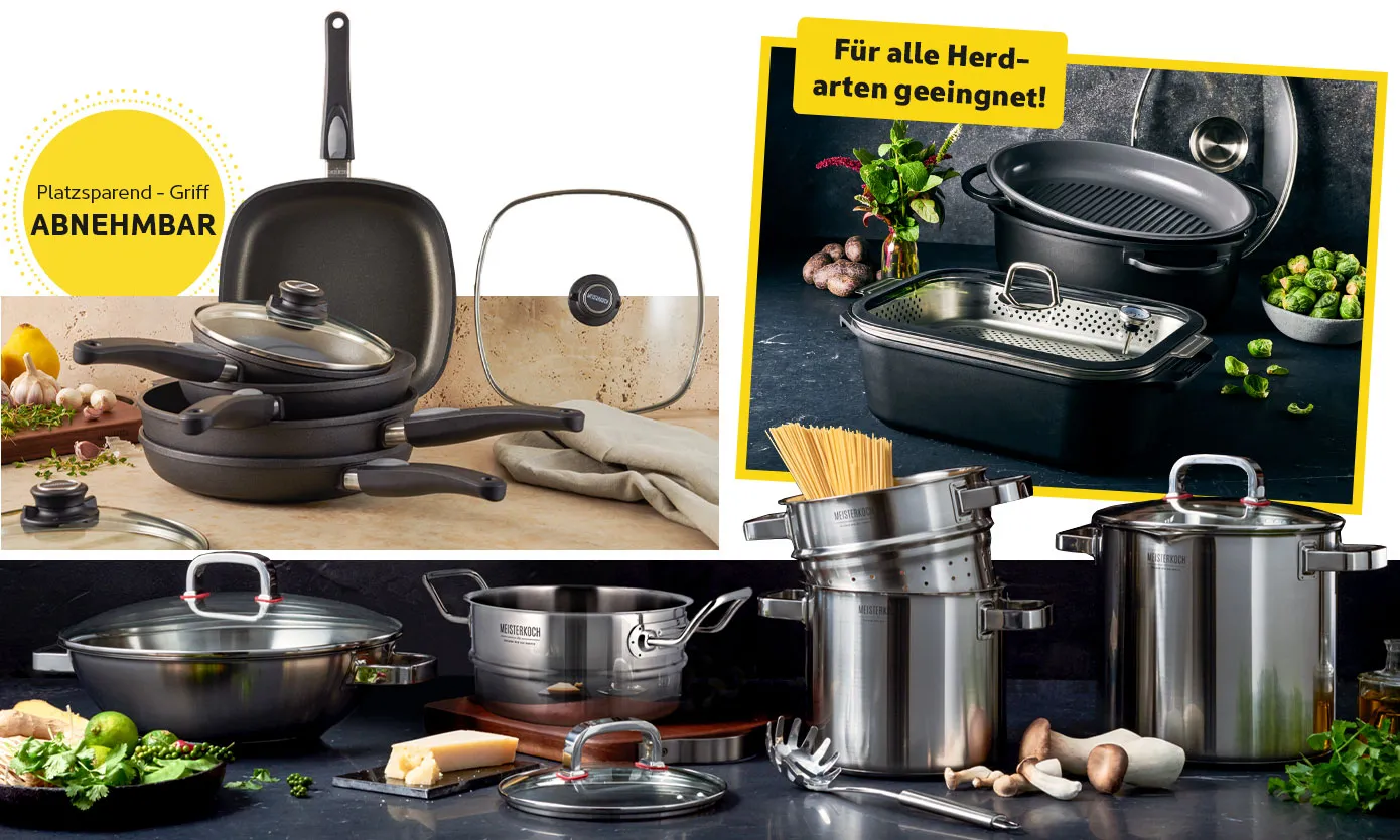 Collage aus 3 Bildern. Bild 1: Stapel aus schwarzen Pfannen in rund und leicht eckiger Form sowie passender Deckel. Hinweistext: Platzsparend - Griff abnehmbar. Bild 2: 2 Bräter in Schwarz mit Deckeln und Gareinsätzen. Hinweistext: Für alle Herdarten geeignet. Bild 3: Wok, Töpfe und Deckel auf einer Arbeitsplatte.