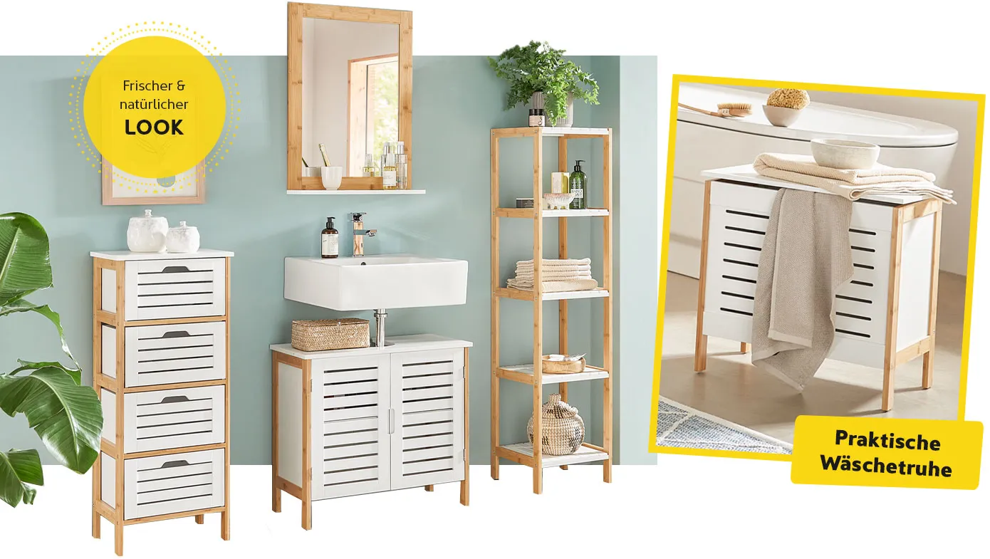 Zwei Bilder. Bild 1: Badezimmer mit Wien Möbeln und Hinweistext: Frischer & natürlicher Look. Bild 2: Wäschetruhe Wien neben Badewanne, Hinweistext: Praktische Wäschetruhe.