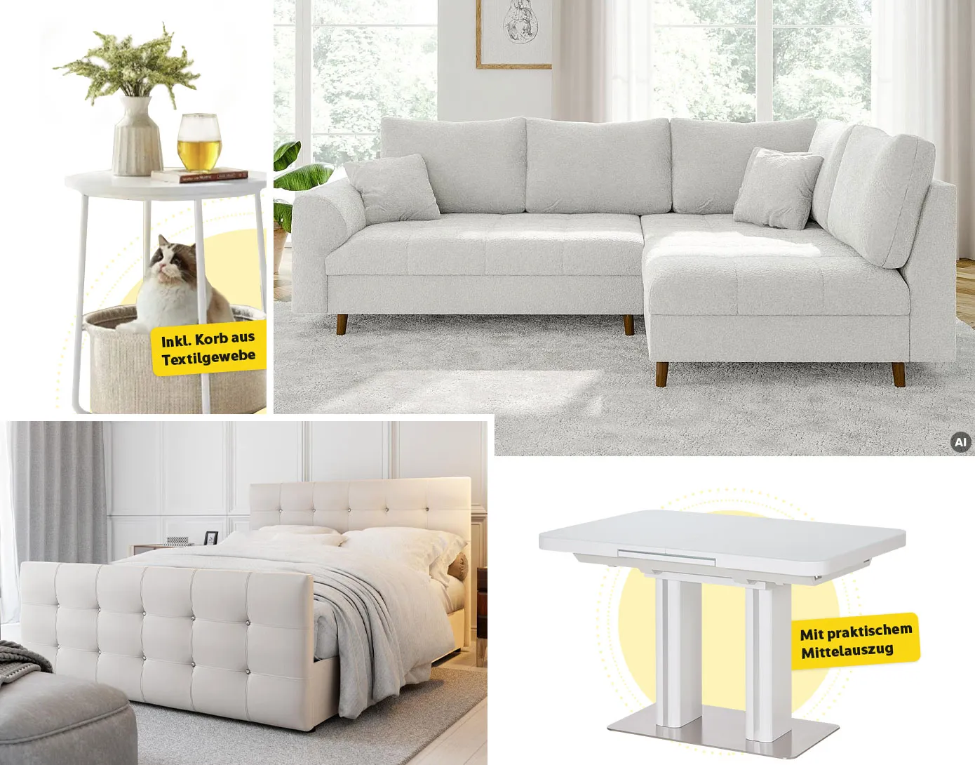 Collage aus 4 Bildern. Bild 1, AI-generiert: Beistelltisch in Weiß und Creme mit Deko und Katze in Korb sowie Hinweistext: Inkl. Korb aus Textilgewebe. Bild 2. Weißes Ecksofa, weißer Teppich in Wohnzimmer, Deko. Bild 3: Weißes Polsterbett, grauer Pouf in Schlafzimmer. Bild 4: weißer Esstisch mit Metallakzenten und Hinweis: Mit praktischem Mittelauszug