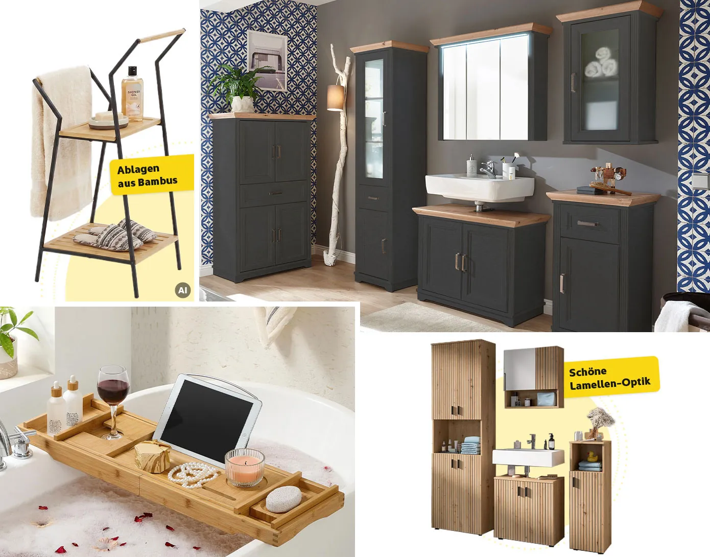Collage mit 4 Bildern. Bild 1, AI-generiert: Handtuchhalter stehend mit 2 Ablagen aus Bambus. Bild 2: Badezimmer mit Möbeln in dunkelgrauer Holzoptik mit hellen Deckplatten. Bild 3: Badwannen-Ablage aus Bambus über Badewanne mit Schaum. Bild 4: Badmöbel-Sets mit Hinweistext: Schöne Lamellen-Optik.